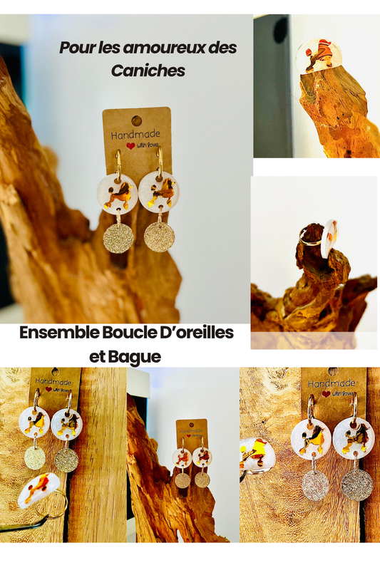 Ensemble Boucle d’oreilles et Bague pour les Amoureux du Caniche